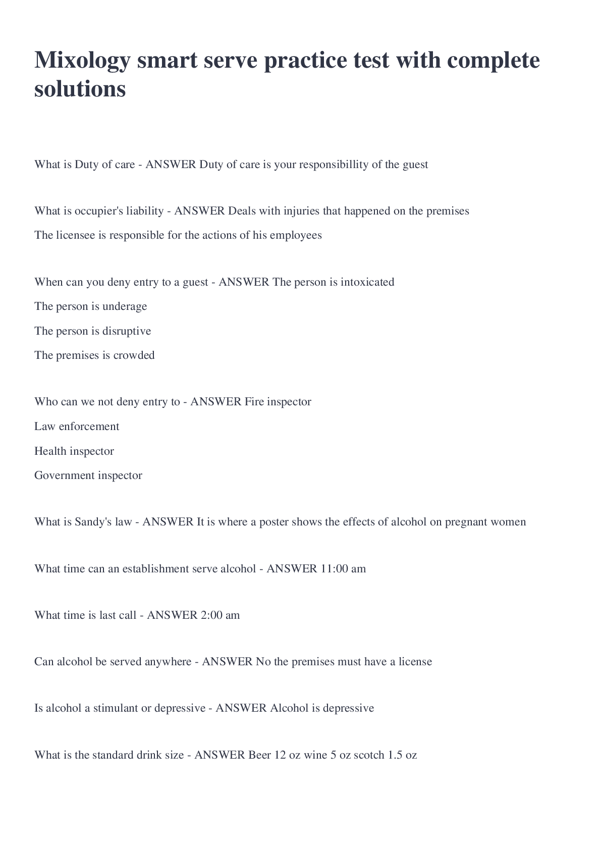 Preview image for Mixology smart serve practice test with complete solutions